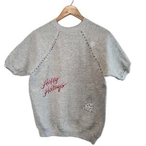 Vintage Handmade Christmas Sweater Women Medium Gray Happy Holidays Reindeer